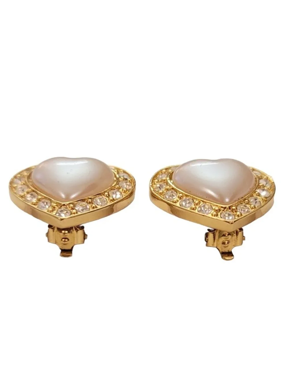 Avon Gold Tone Clear Rhinestone Faux Pearl Heart Shape Clip-On Earrings, E813